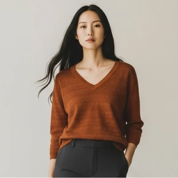 VINTAGE CLEO PETITES V-Neck Pointelle Sweater Size Large Light Brown - Picture 1 of 12